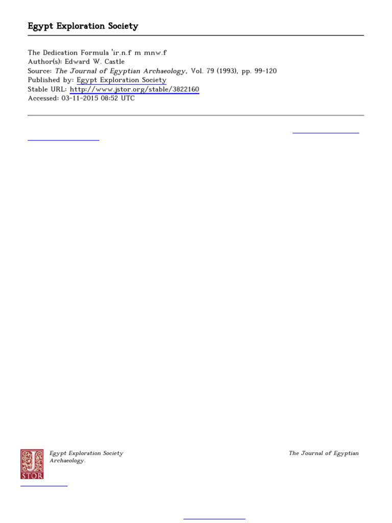 Castle 1993 JEA 79 the Dedication Formula ‘Ir.n.f m Mnw.f’ | PDF | Verb ...