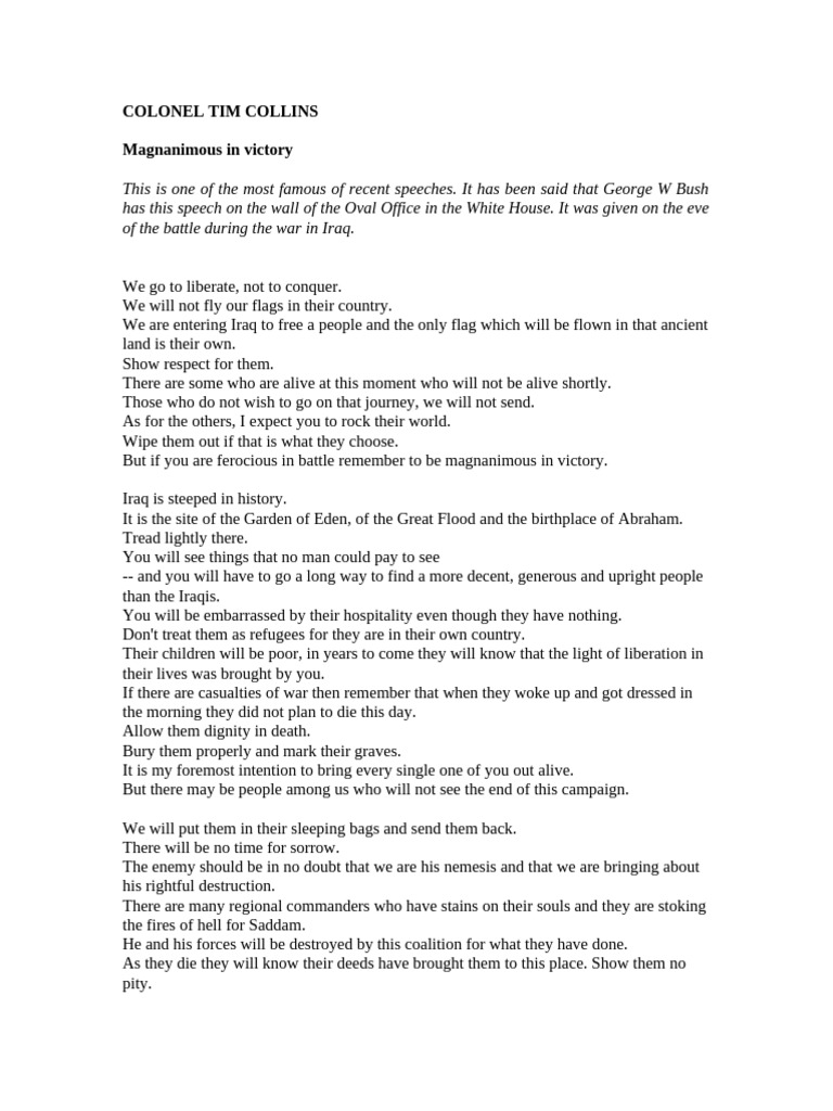 COLONEL TIM COLLINS Magnanimous in Victory | PDF | Conflicts | Military ...