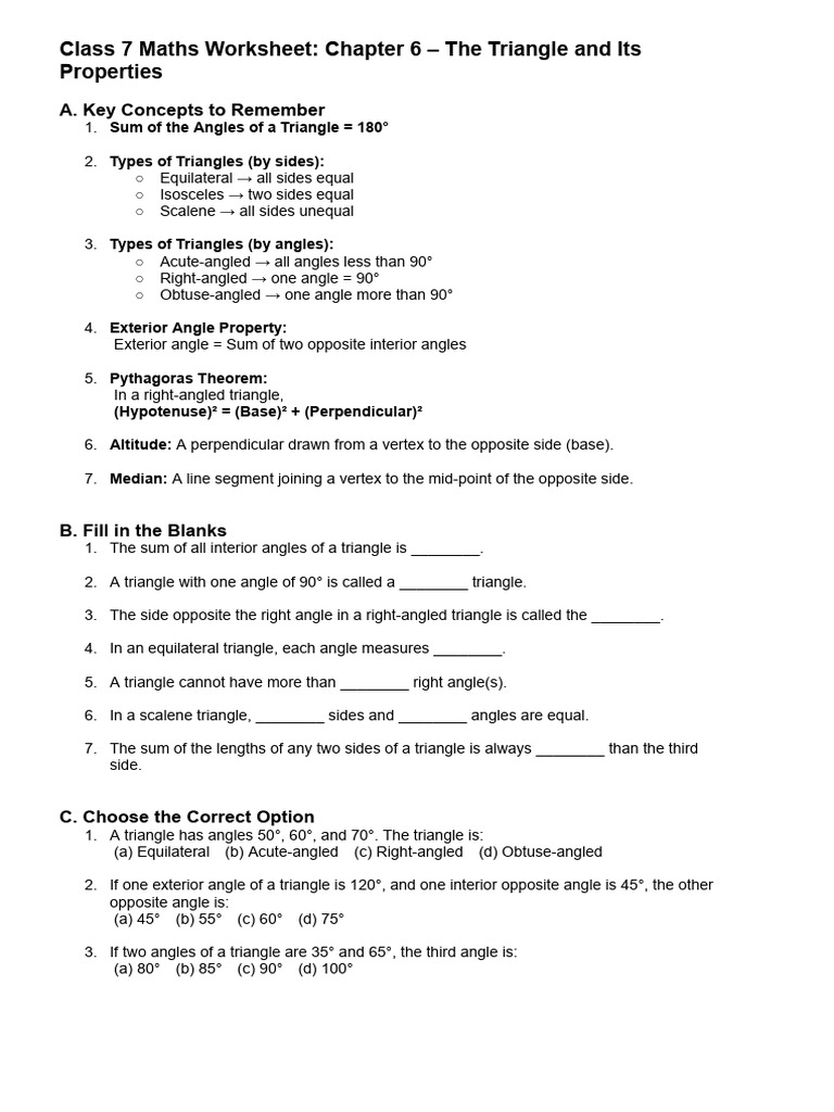 Class 7 Maths Worksheet Chapter 6 - The Triangle and Its Properties ...