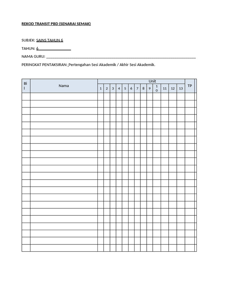 8. Rekod Transit Pbd Sains Thn 6 (Senarai Semak) | PDF