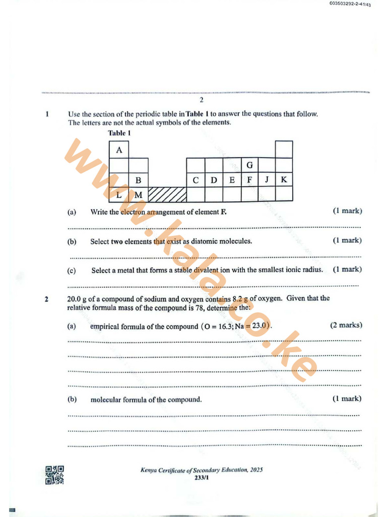 Kcse 2025 Chemistry Paper 1 Question Paper | PDF