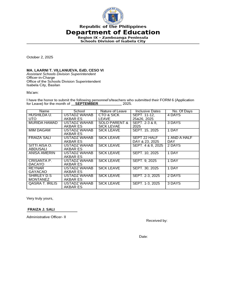 September 2025 Teacher Leave Requests | PDF