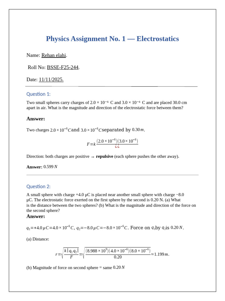 Electrostatics Physics Assignment Solutions | PDF | Electric Charge ...