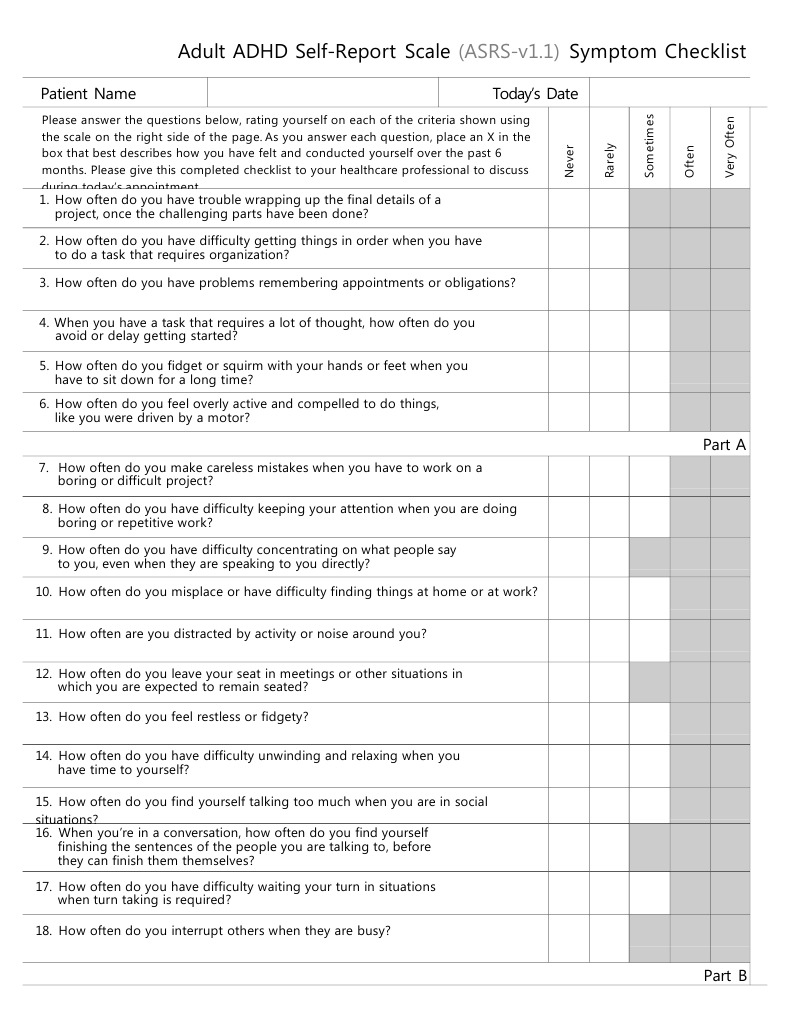 ASRS-v1.1 Adult ADHD Checklist | PDF | Self-Improvement