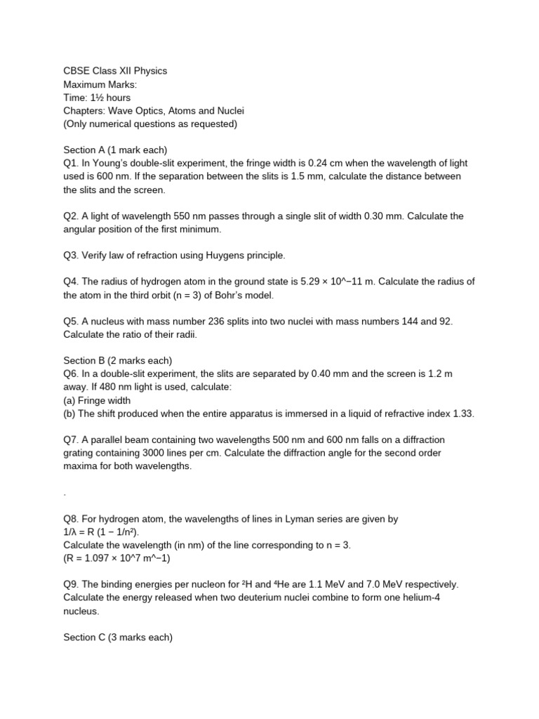CBSE Class XII Physics Wave Optics Exam | PDF | Wavelength | Diffraction