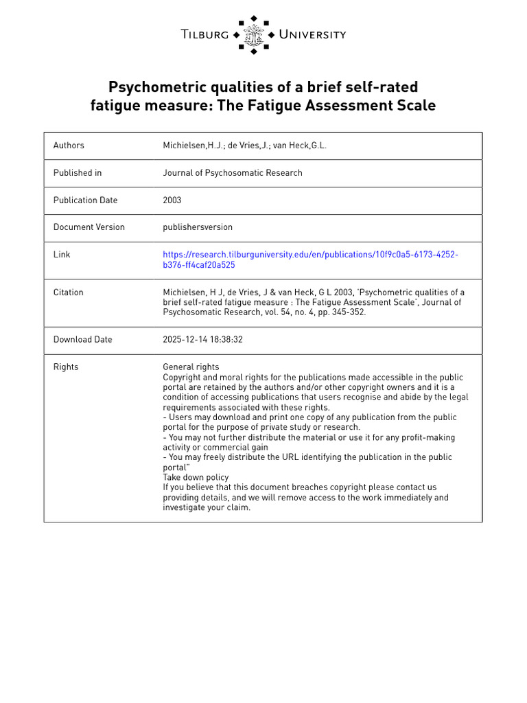Psychometric Evaluation of Fatigue Scale | PDF | Validity (Statistics ...