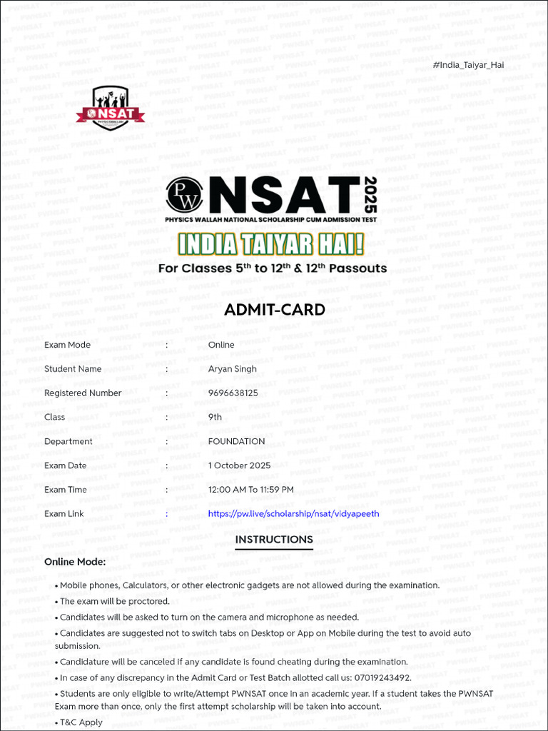 PW Admit Card | PDF