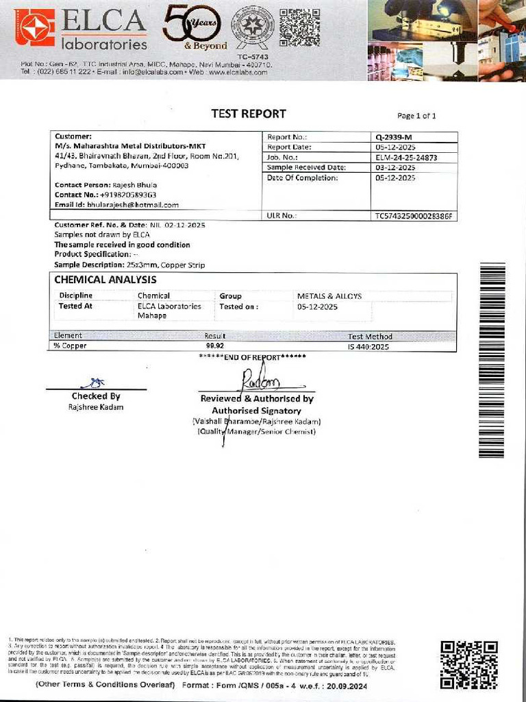 CU Flat NABL Test Report 25 X 3 | PDF