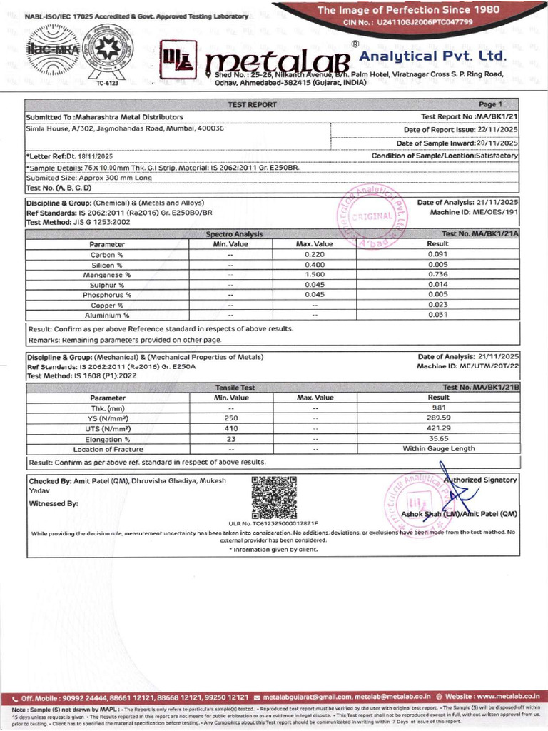 GI Flat NABL Test Report | PDF