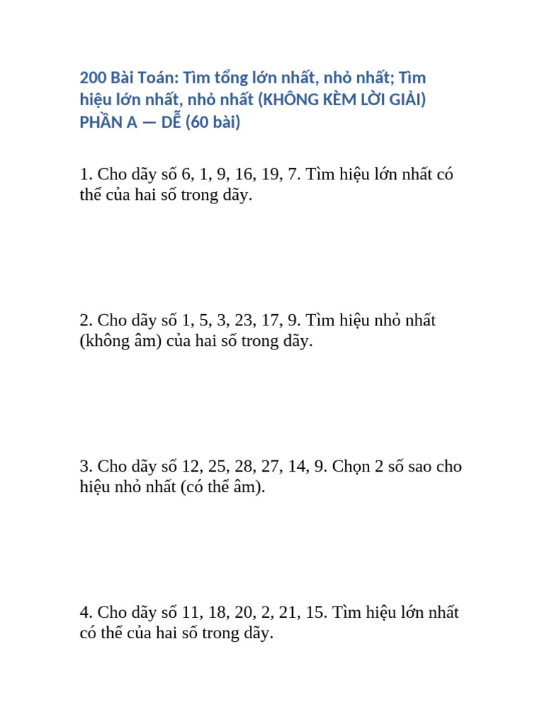 200 Bài Toáng Tổng Hiệu Lớn Nhất Nhỏ Nhất | PDF