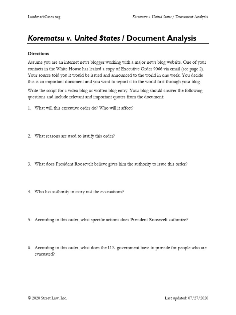 Activity Document Analysis Korematsu Student | PDF | Blog | Executive Order