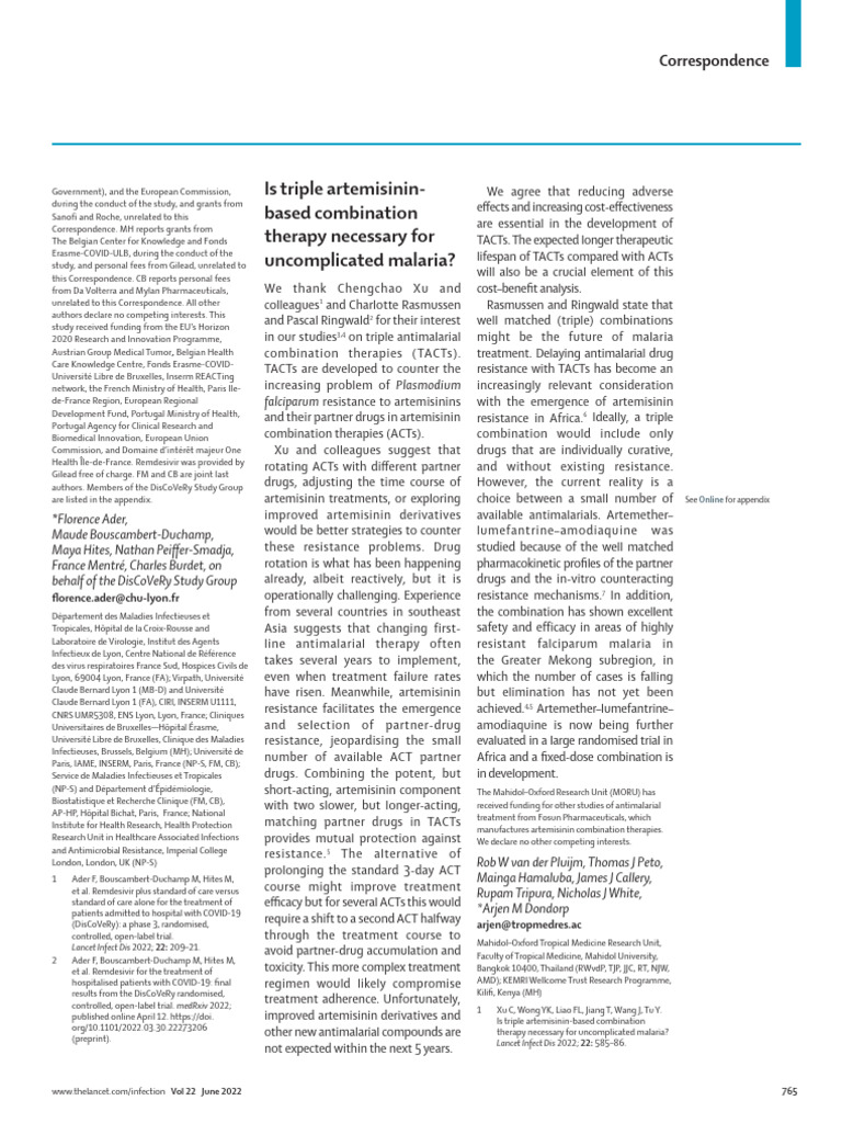 Is Triple Artemisinin Based Combination Therapy Ne | PDF | Malaria ...
