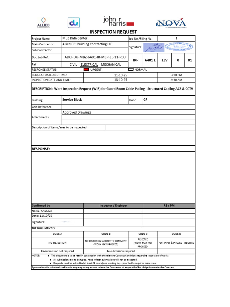 Work Inspection Request for Cable Pulling | PDF