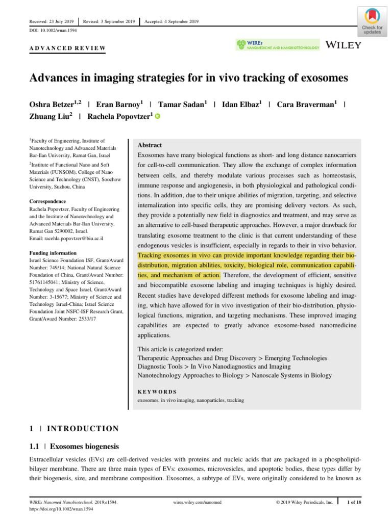 Advances in Imaging Strategies For in Vivo Tracking of Exosomes (Betzer ...