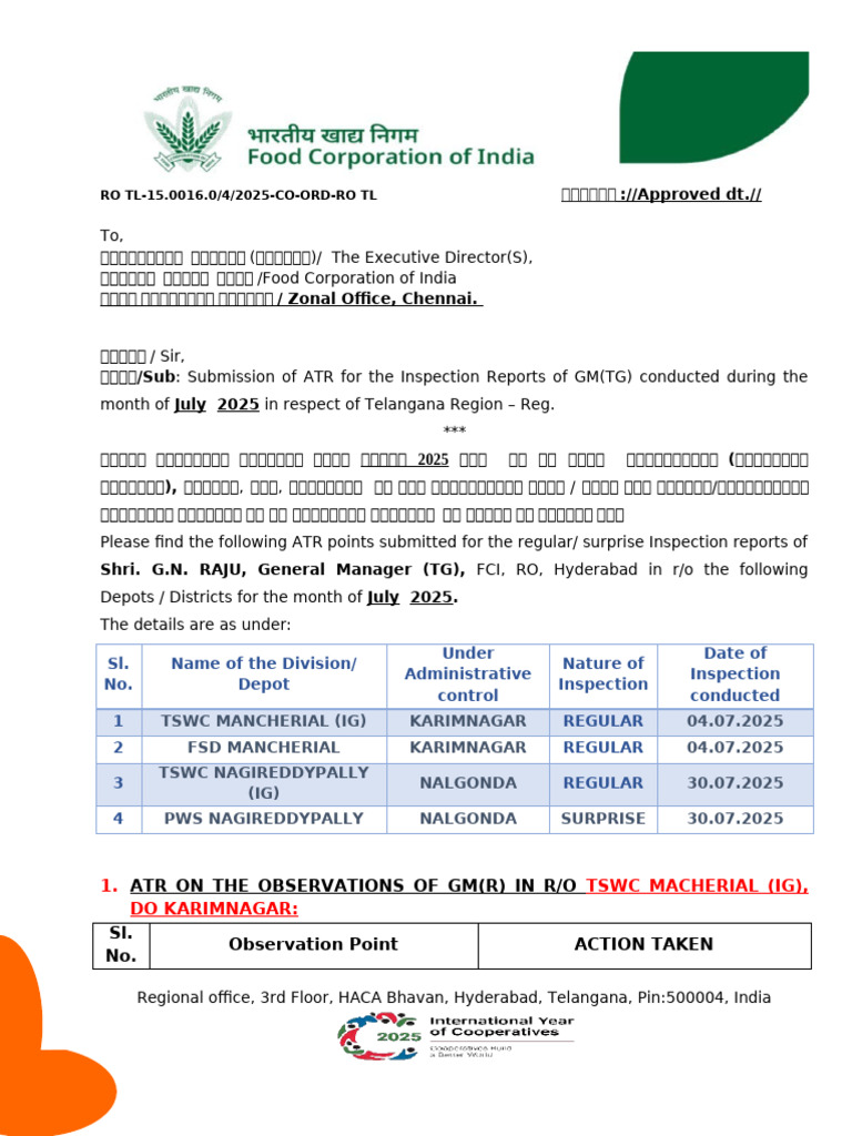ATR for FCI Inspections in Telangana | PDF