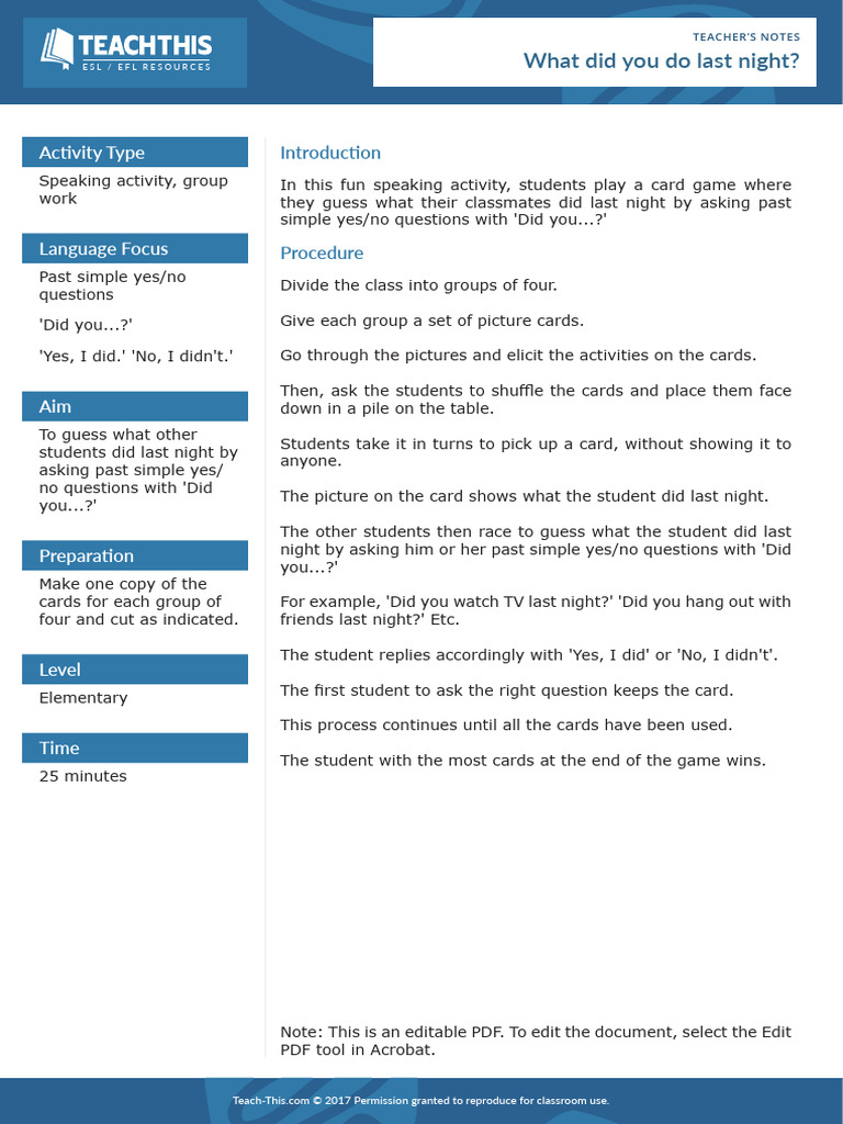 What Did You Do Last Night PDF English As A Second Or Foreign