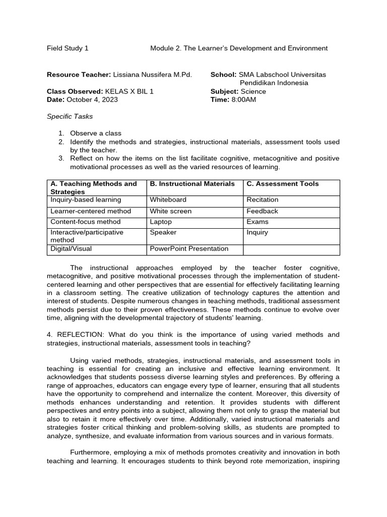 Mayor_David Joshua_Field Study 1 Module 2 | PDF | Learning | Teaching ...