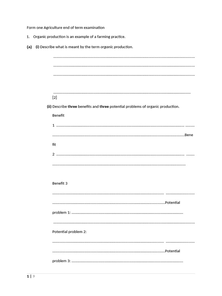 Form One Agriculture End of Term Examination Term 1 2025 | PDF ...