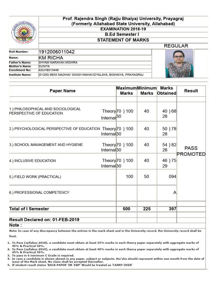B.Ed Semester I Marks Statement 2019 | PDF | Chess Theory | Chess