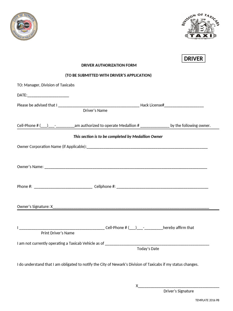 Driver Authorization Form Template | PDF