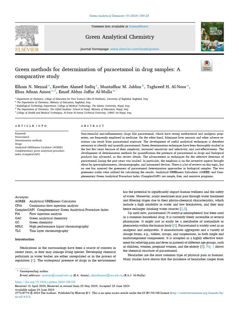 Green Methods For Determination of Paracetamol in Drug 2024 Green ...