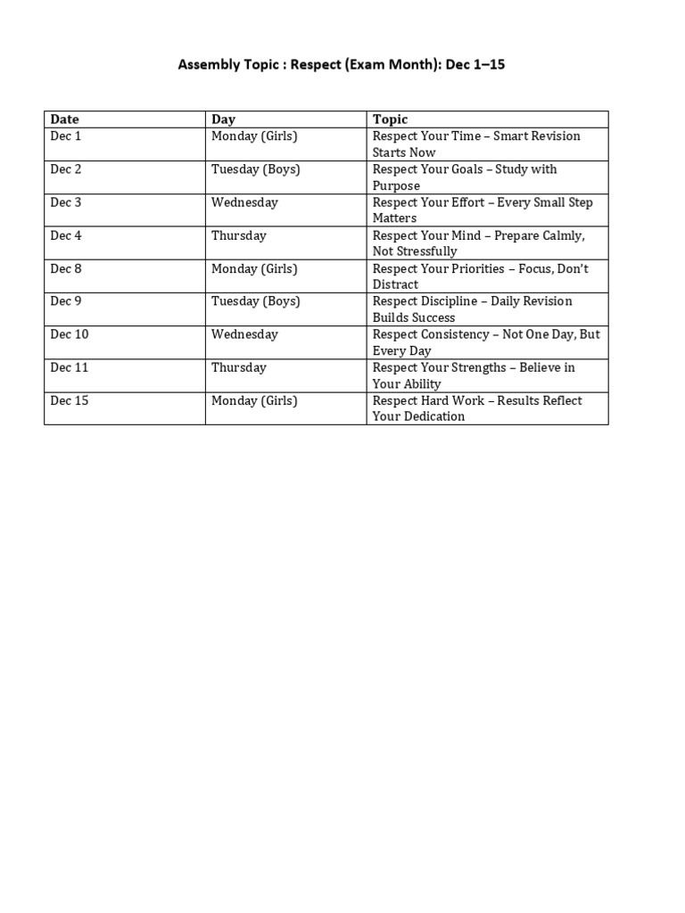 Assembly Schedule: Respect Themes | PDF