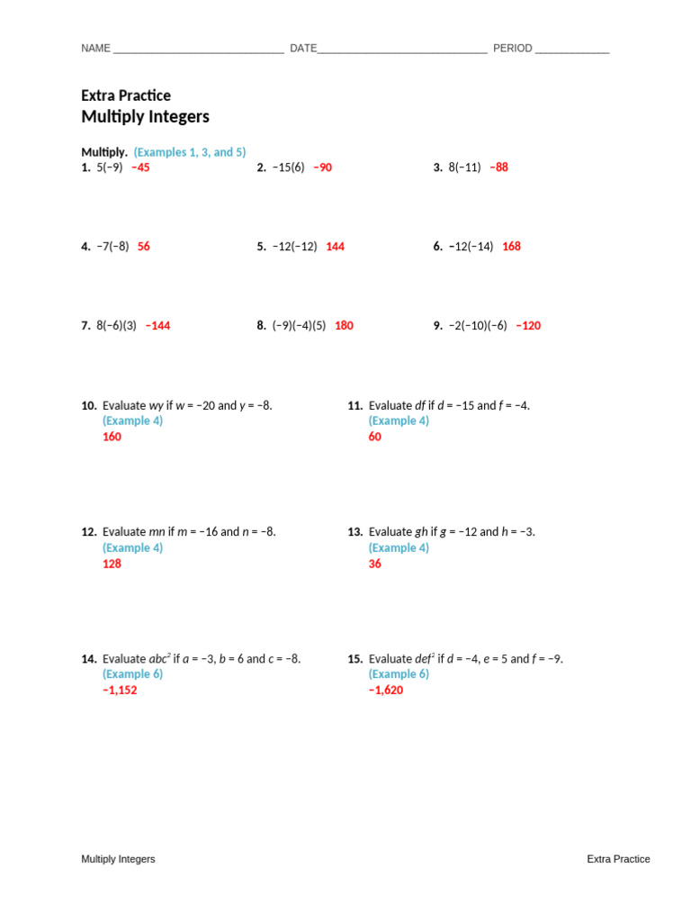 Integer Multiplication Practice Worksheet | PDF | Teaching Methods ...