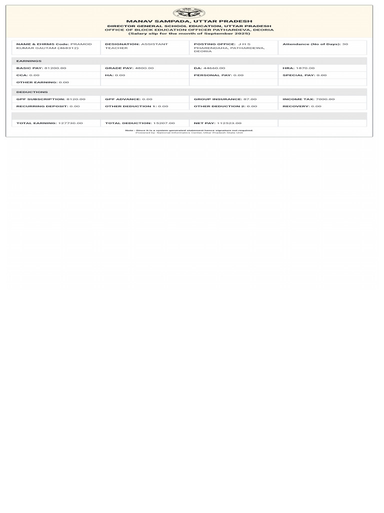 Salary Slip for the Month of September 2025 | PDF