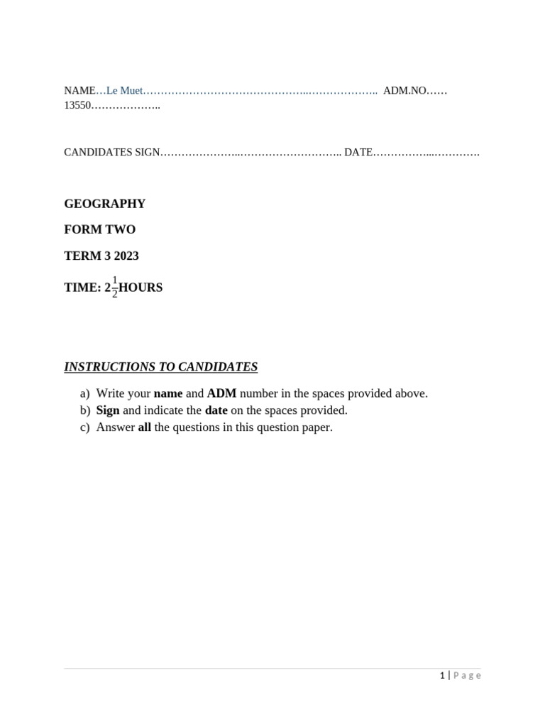Geography Exam Paper - Form Two Term 3 | PDF | Altitude | Weather