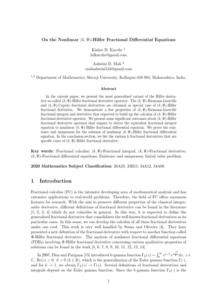 Nonlinear (k, Ψ)-Hilfer Fractional Equations | PDF | Nonlinear System ...