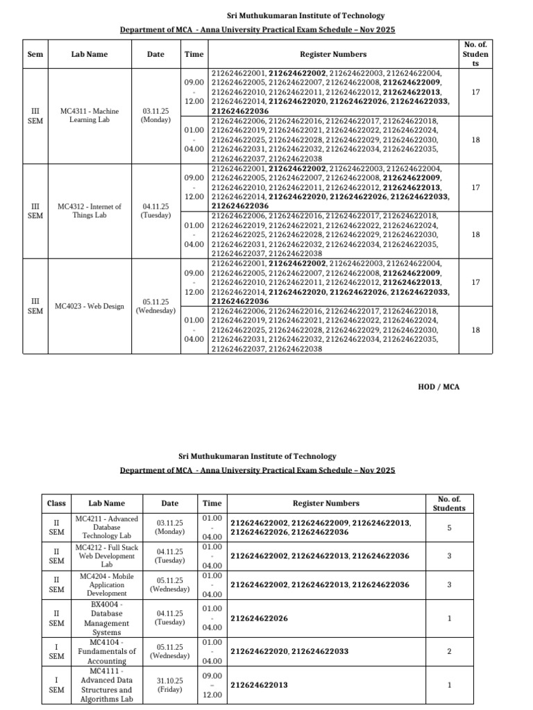 MCA Practical Exam Schedule Nov 2025 | PDF | Computing | Information ...