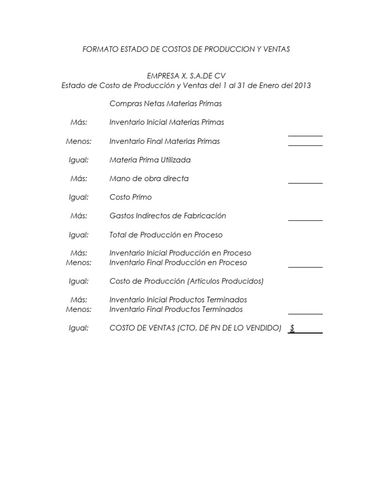 Formato Estado de Costos de Produccion y Ventas | PDF