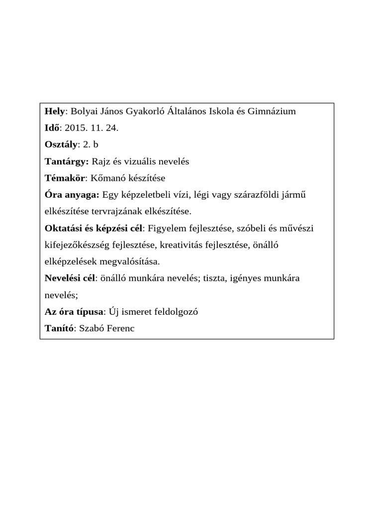Szabó Ferenc Rajz Óratervezet | PDF