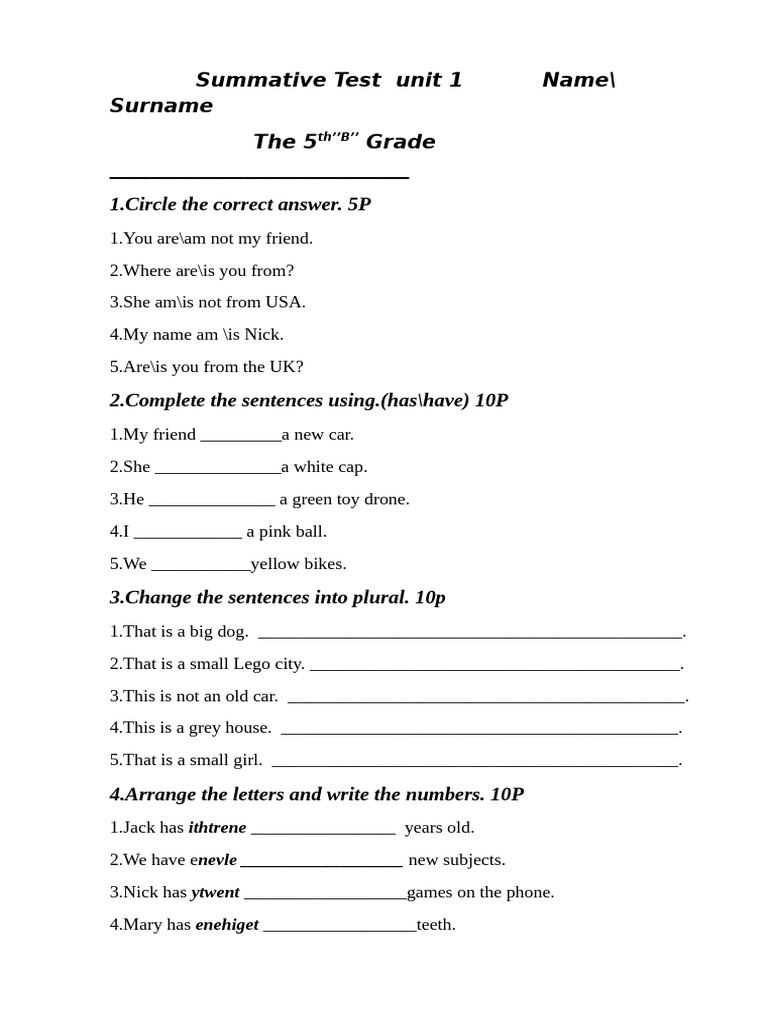 Grade 5 Unit 1 Summative Test | PDF