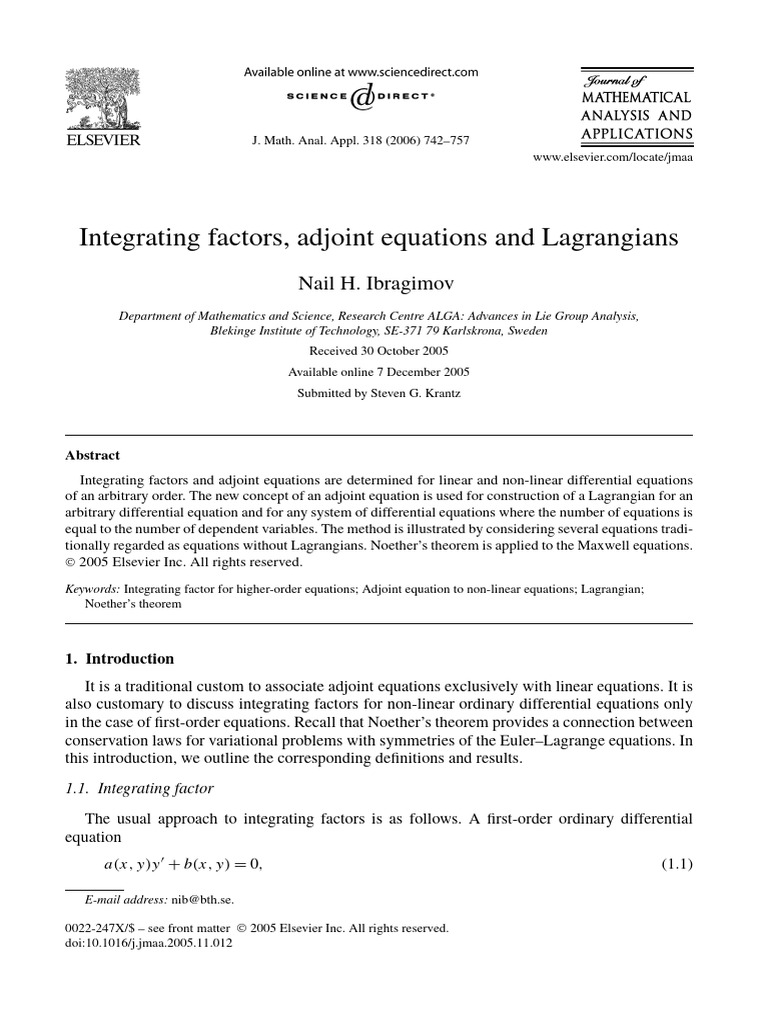 Integrating Factors and Adjoint Equations | PDF | Lagrangian Mechanics ...