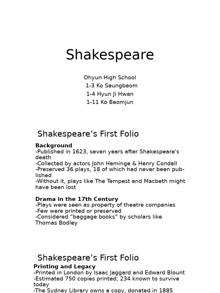 Shakespeare's First Folio Overview | PDF | William Shakespeare | Shylock