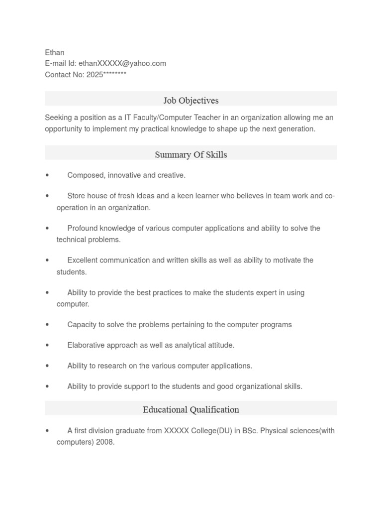 IT Faculty Resume: Computer Teacher Skills | PDF | Computing | Software