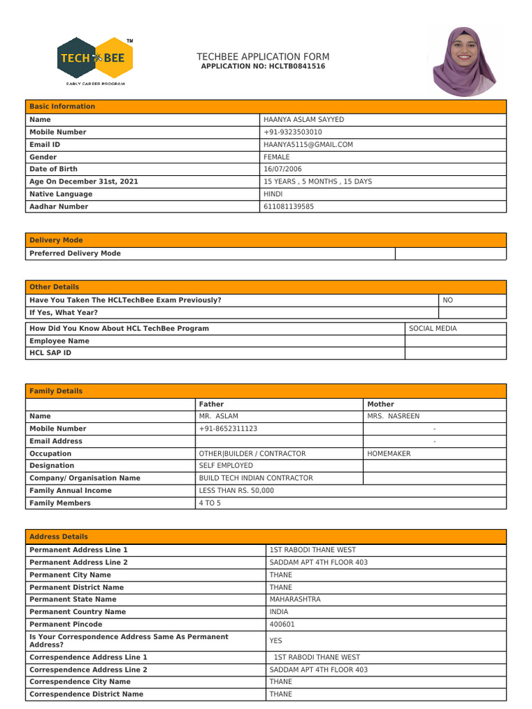 HCL TechBee Application Form Details | PDF