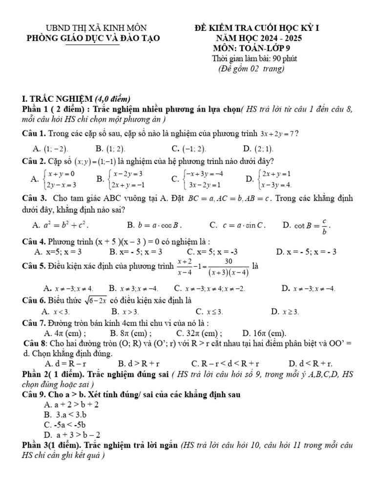 De Cuoi Hoc Ky 1 Toan 9 Nam 2024 2025 Phong GDDT Kinh Mon Hai Duong | PDF