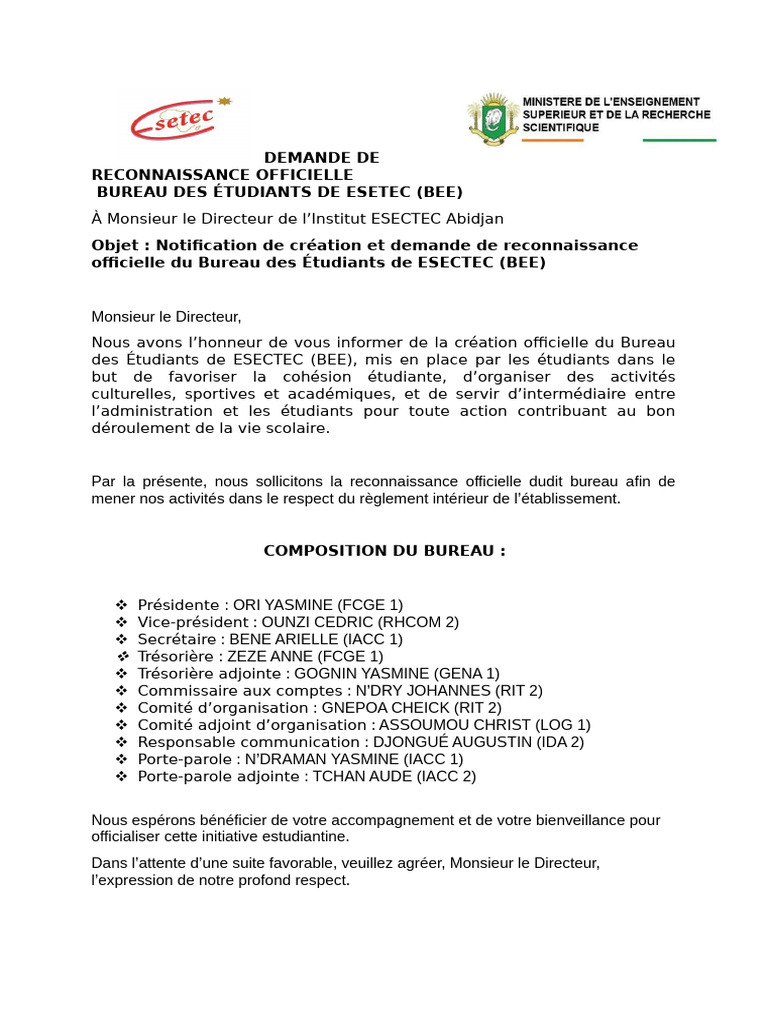 Demande de reconnaissance du BEE ESECTEC | PDF