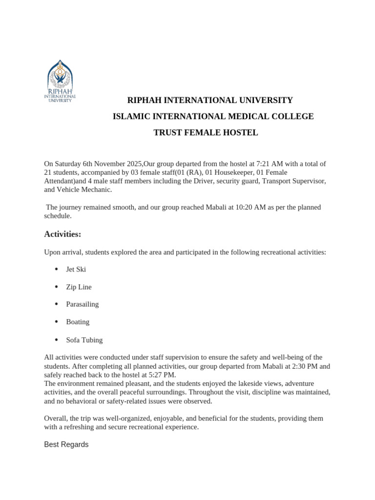Riphah University Female Hostel Trip Report | PDF