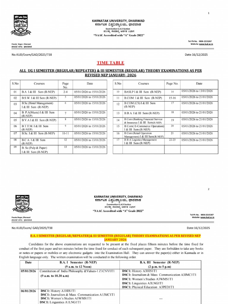 UG Revised NEP 1 & 3 Semester Theory Exam Time Table January 2026 | PDF