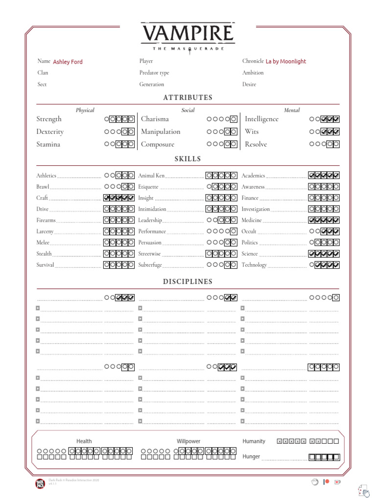 Vampire Character Sheet Template | PDF