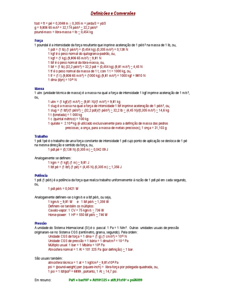 Tabelas de Conversão | PDF | Libras por polegada quadrada | Quilograma