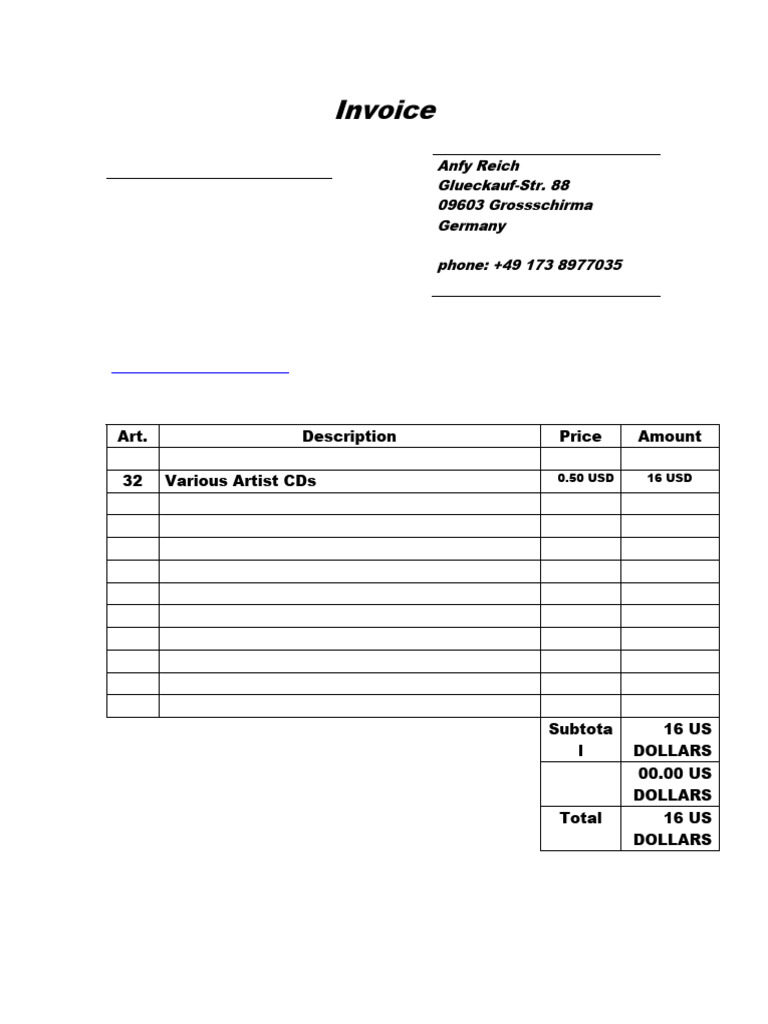 Invoice for Various Artist CDs | PDF