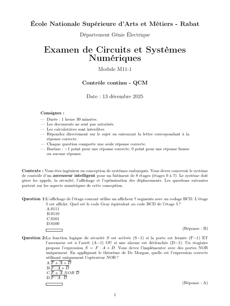 Examen QCM Circuits Numériques M11-1 | PDF | Décimal codé binaire ...