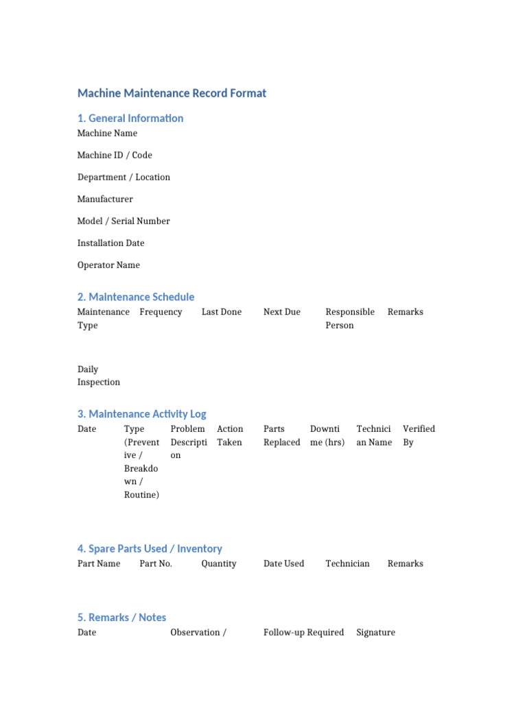 Machine Maintenance Record Format | PDF