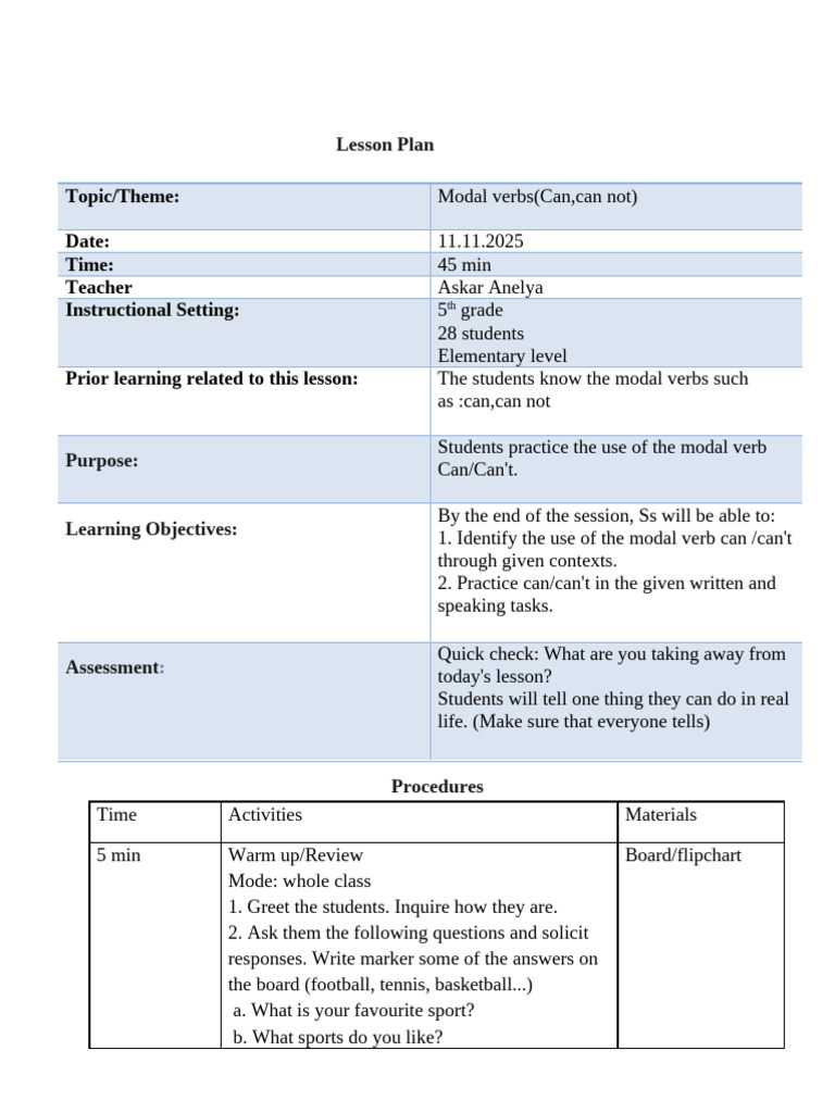 5th Grade Lesson on Modal Verbs | PDF | Lesson Plan | Syntax