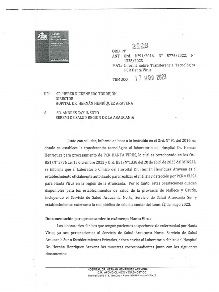 Ord 2220 Informa Sobre Transferencia Tecnologica Pcr Hanta Virus | PDF