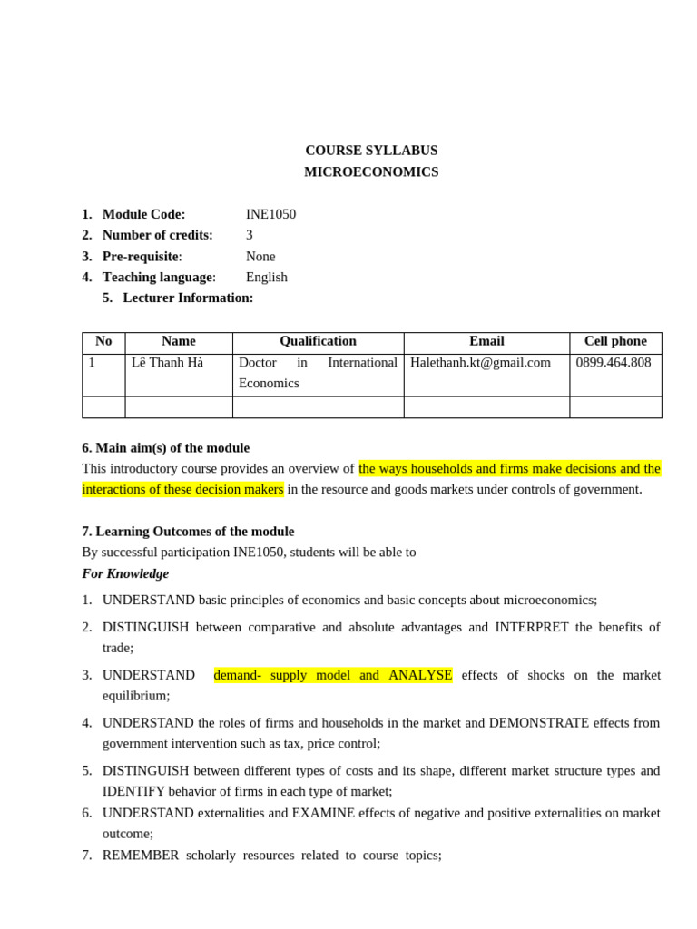 Microeconomics Course Syllabus INE1050 | PDF | Economics | Microeconomics